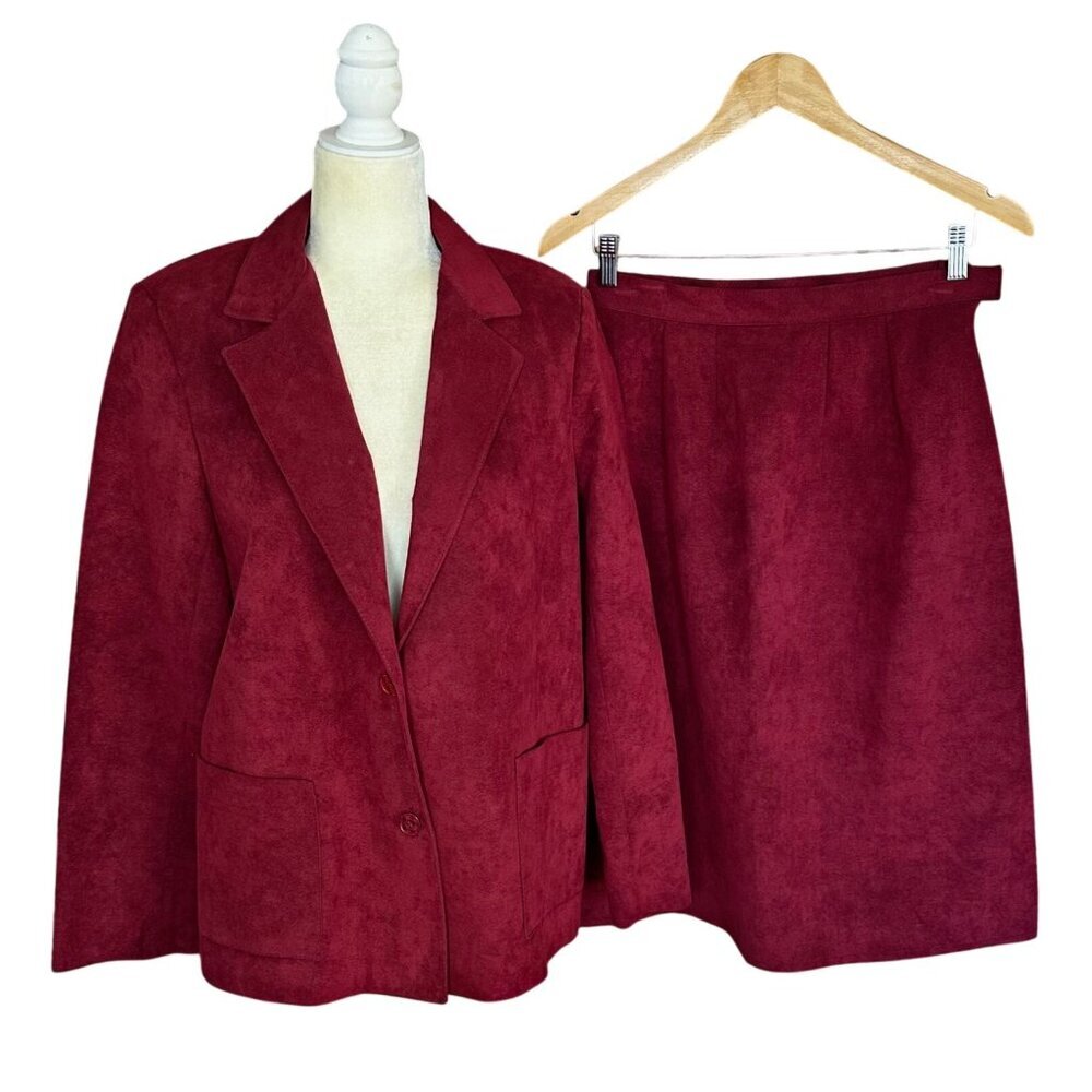 Vintage Burgundy Suede Skirt Suit Blazer Set Women's Size 14 Office Academic